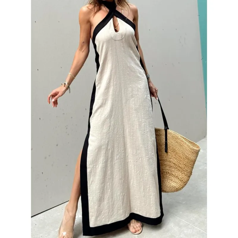 Boho Summer Sexy Women\'s Dress New Style Cotton Linen Backless Halterneck Slit Vintage Prom Dresses For Women Maxi Robe Femme