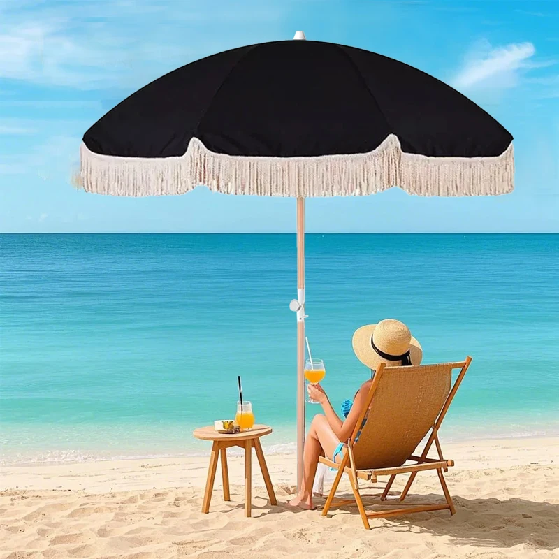 Hot Sale Custom Parasol Picnic Pool Sea Fringe Sun Outdoor Beach Patio Umbrella With Tassels