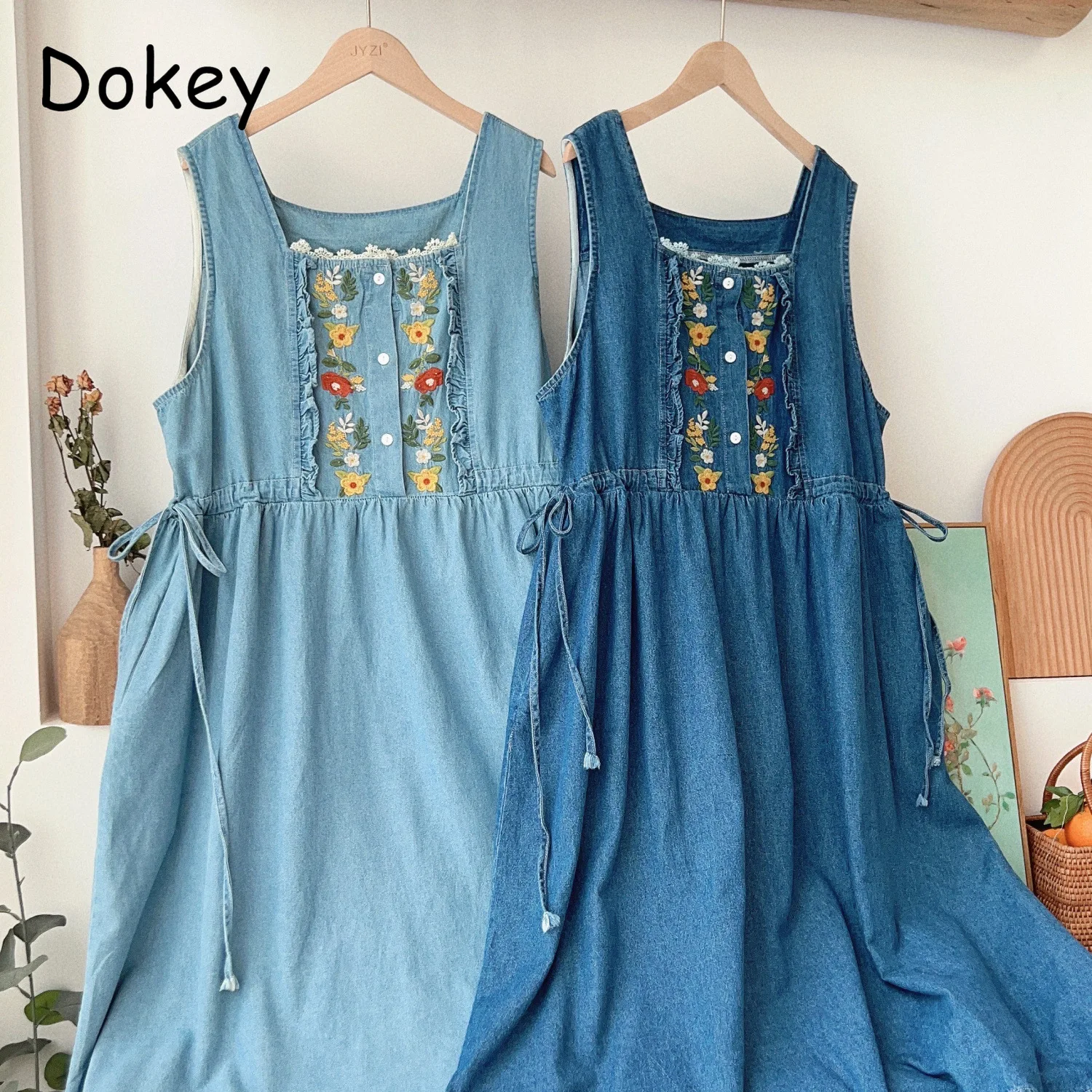 Vintage Embroidery Flower Denim Tank Dresses Women Mori Girl Ruffled Kawaii Straight Sundresse Loose Sleeveless Pullover Dresses