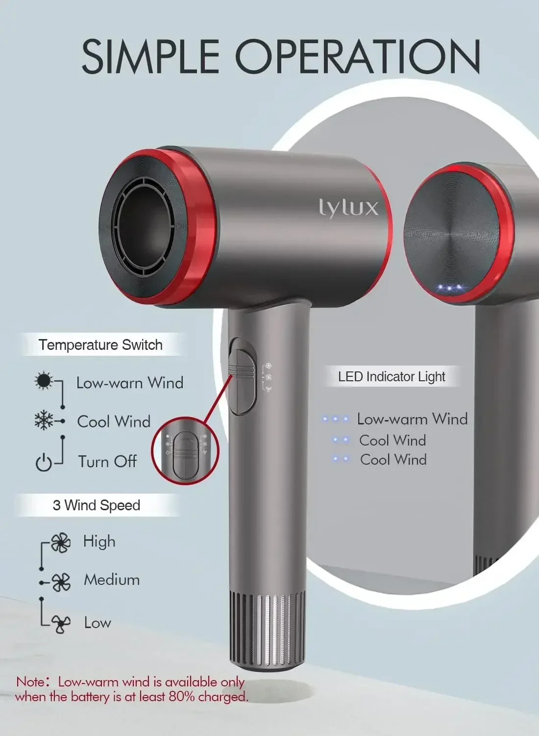 Lylux-Conjunto de presente para secador de cabelo sem fio, sopro recarregável com motor sem escova, bico para cuidados com os cabelos, baixa temperatura, 110.000 RPM