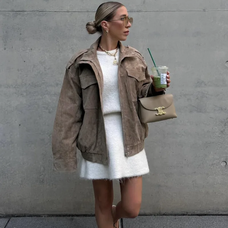 

Talenza Vintage Women Suede Bomber Jacket Loose Stand Collar Zipper Pockets Long Sleeve Female Coat Autumn Casual Streetwear