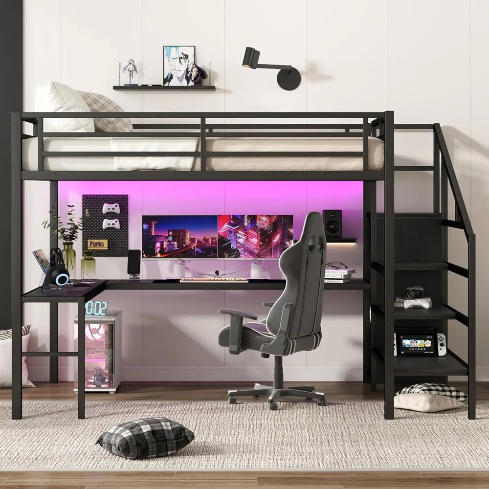 Letto a soppalco matrimoniale in metallo con scrivania e armadio a forma di L, luci a LED, porte USB, struttura letto salvaspazio per camere da letto moderne