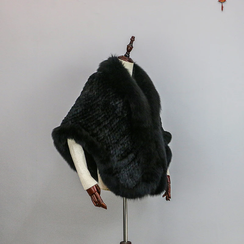 Women 100% Real Rabbit Fur Cape with Fox Fur Collar Winter Warm Knitted Cloak Rabbit Fur Poncho Girls Party Fashion Shawl Scarf