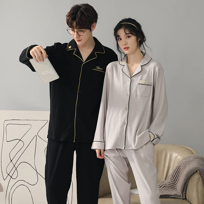 

Couple Pajama Set 100%Cotton Long Sleeve Pyjamas Men and Women Turn-down Collar Sleepwear Suit Solid Pijamas