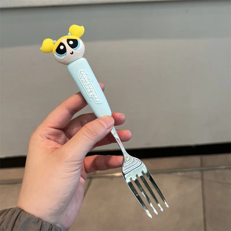 The Powerpuff Girls Childrens Tableware 304 Stainless Steel Fork Spoon Set Cute Teaspoon Dessert Snack Scoop Spoons Kitchen Tool