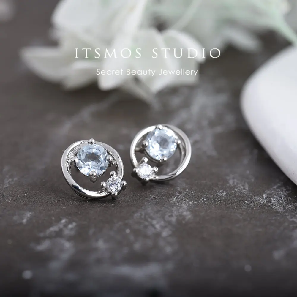 ITSMOS Natural Ocean Blue Topaz Planetary Orbit Studs Silver Gemstone Round Earrings Lover Luxury Jewelry for Women Girl Gift