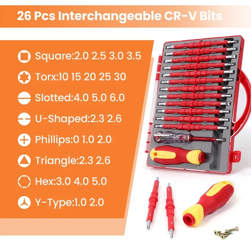 26-Piece 1000V Insulated Electrician Screwdriver Set Professional Electrical Screw Driver Set Tools for Man with Case-FABY
