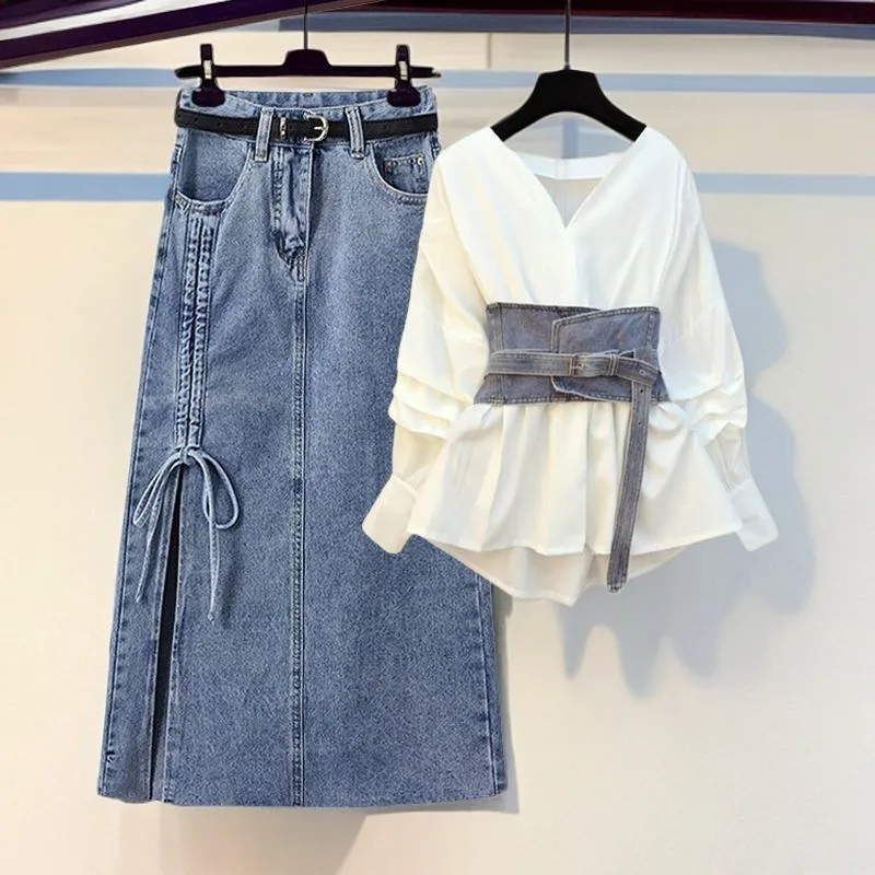 

Women Two Piece Sets Skirt Set V Neck Full Sleeve Tops Tight Waist Long Skirts Denim A Line Y2k Streetwear Elegant Work 2026