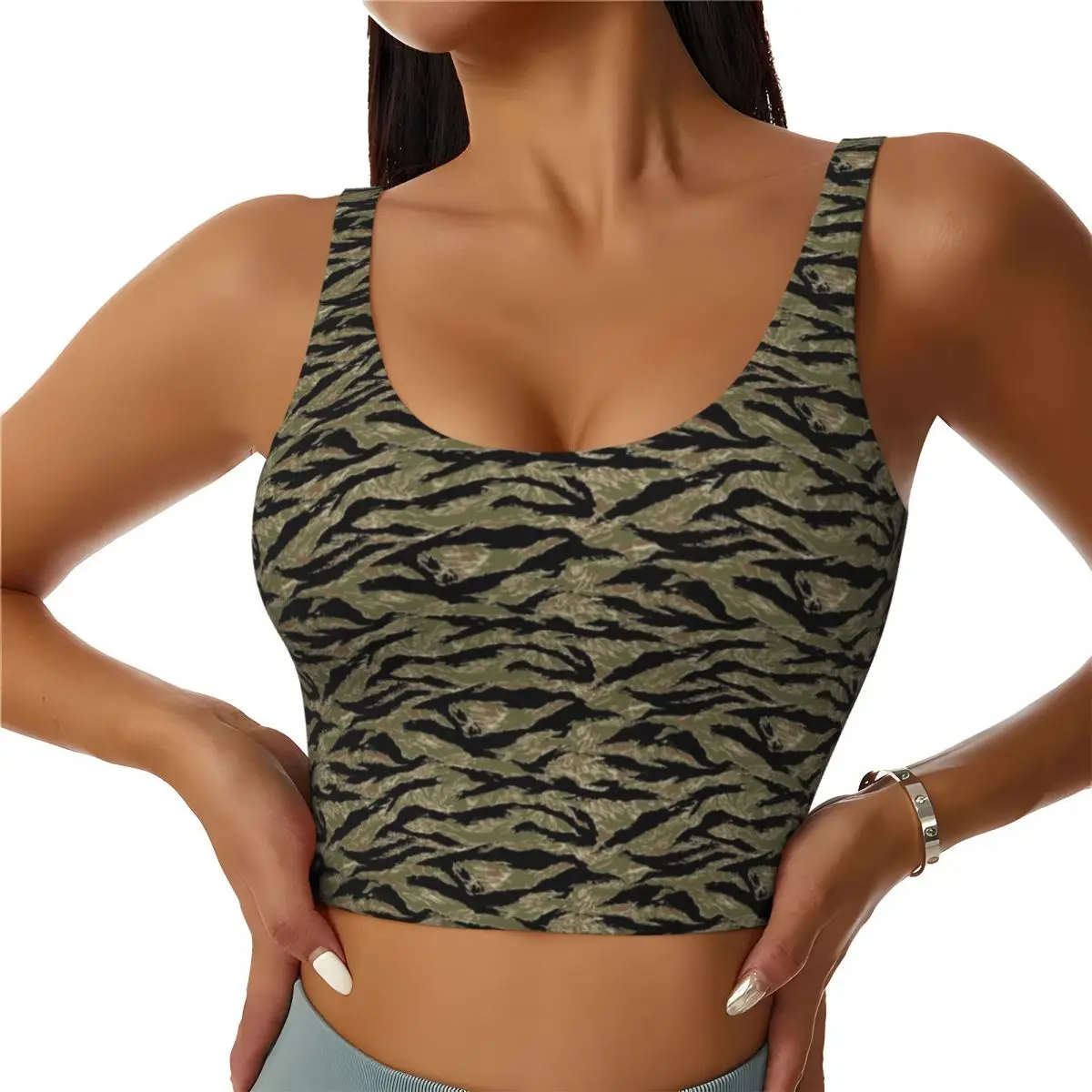 Custom Tiger Stripes Camouflage Workout Crop Tank Tops Women Army Tactical Camo Running Sports Bras