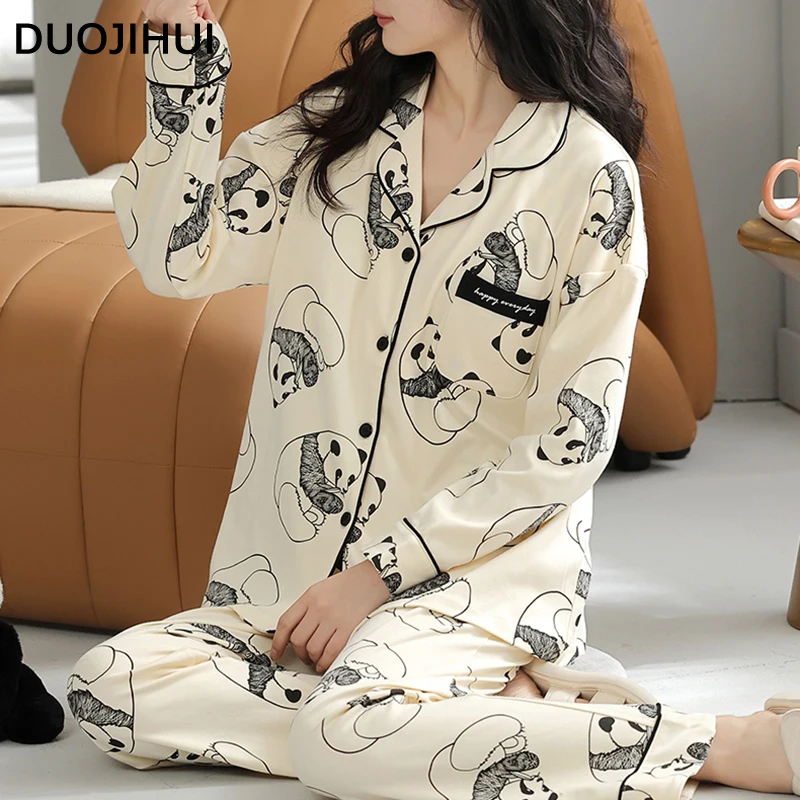 DUOJIHUI Fashion Print Casual Pajamas for Women Autumn Chicly with Chest Pad Cardigan Basic Pant Loose Simple Female Pajamas Set