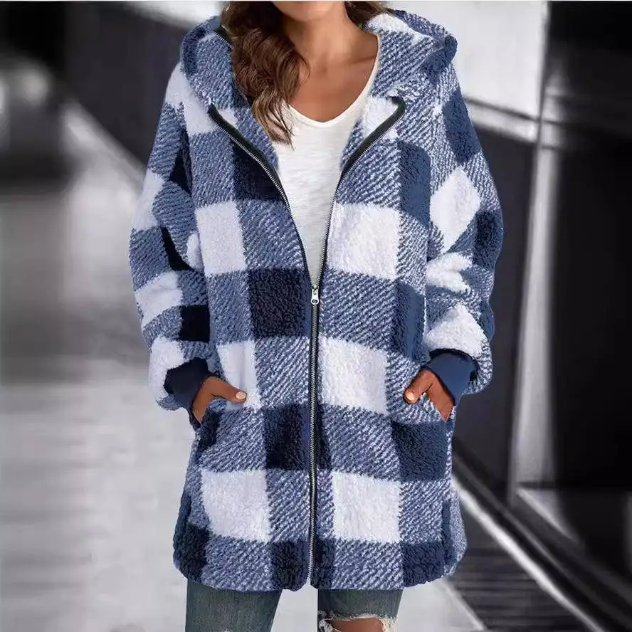 

Loose Furry Women's Coat New TEMU Long Sleeve Plaid Hooded Zipper with Pocket Outerwear Commute Style Medium Thickness