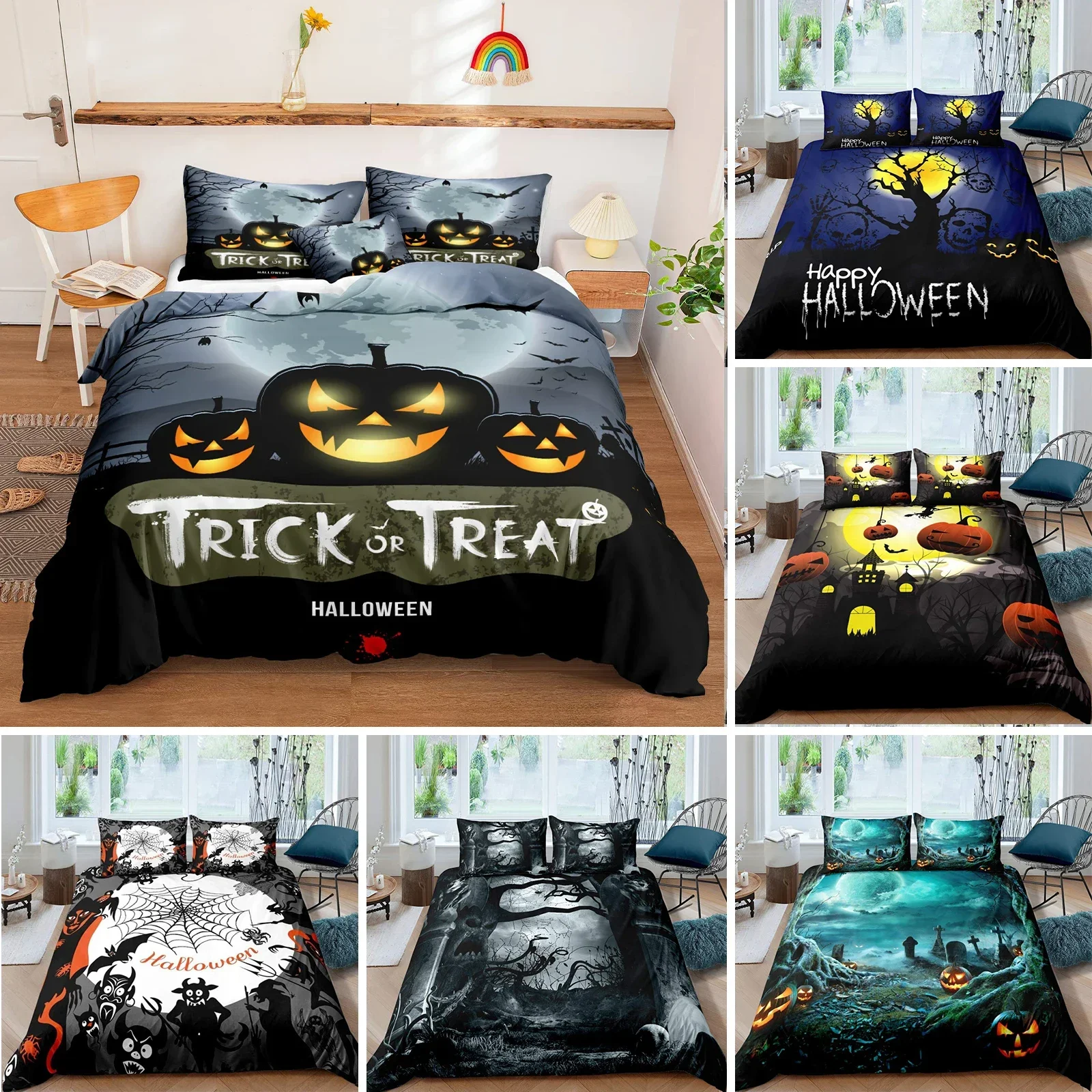 

Halloween Tree Bedding Set Queen King Horror Theme Comforter Cover Gothic Spooky Twin Full Duvet Cover Branches Grey Quilt Cover