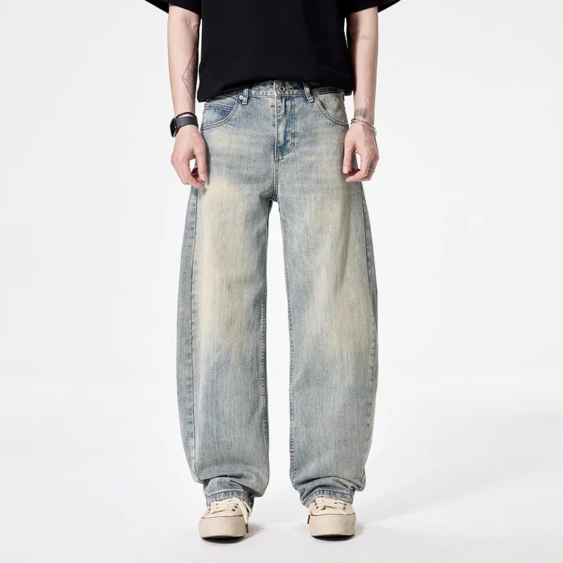 

Мужские широкие джинсы Cleanfit American Style, желтые, с эффектом выцветания, свободного кроя, в стиле ретро, из денима, повседневные, хлопковые