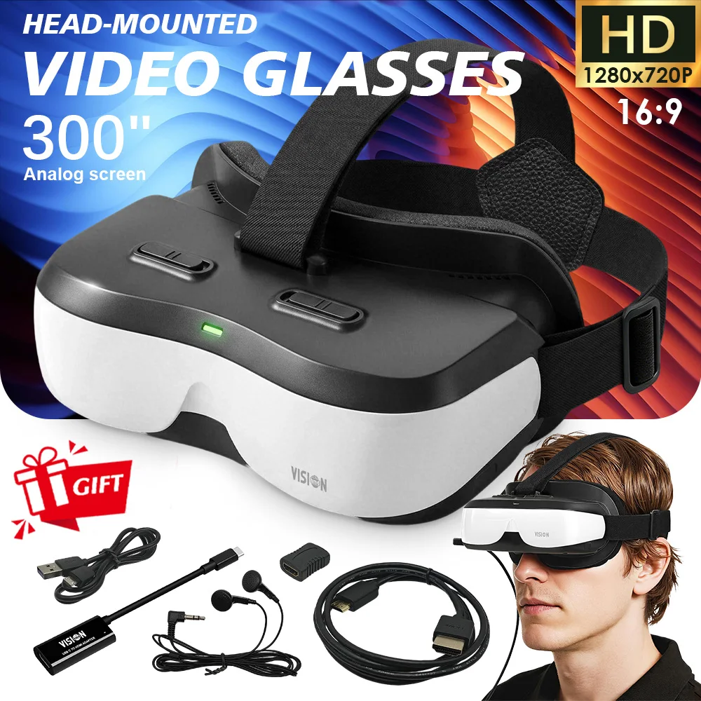 Head‑Mounted Video Glasses 720P HDMI Wired Portable Cinema for Switch PC FPV Drone Non‑VR/AR, Myopia Adjustable Goggles