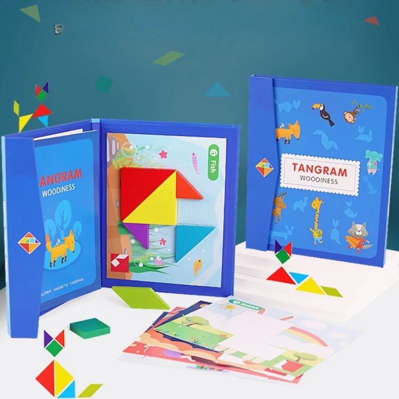 Tangrams magnéticos quebra-cabeça de madeira blocos de construção quebra-cabeça educacional viagem atividade jogos de tabuleiro
