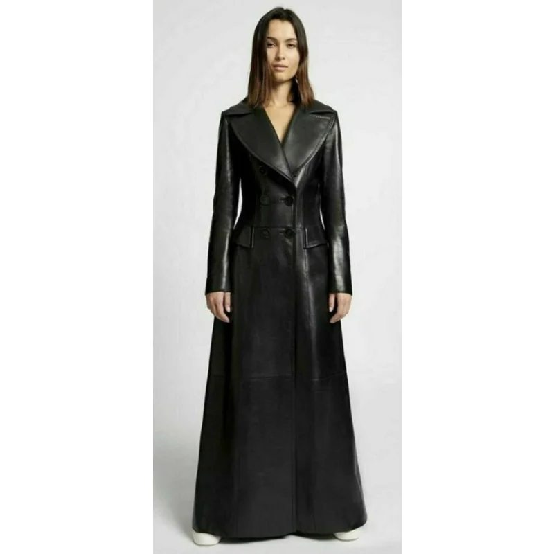 Women Leather Dress Genuine Leather Long Trench Overcoat Dress Genuine Leather