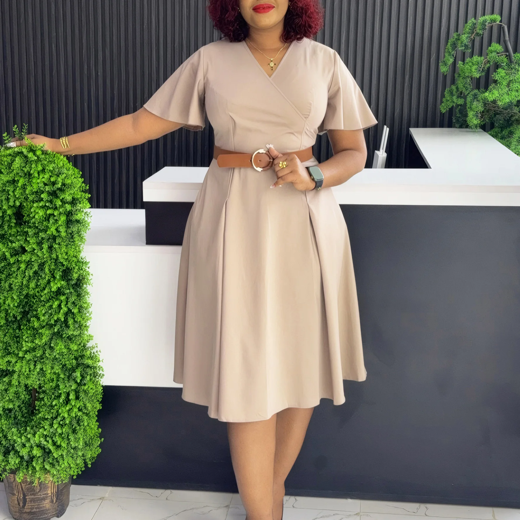 

Plus Size V Neck Elegant Dress With Belt Female Wide Luxury Vestidos Office Lady Midi Robe 2025 Summer Women Fashion Dress