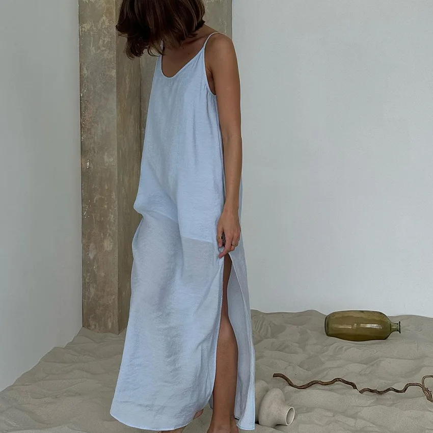 Casual Loose White Long Dress Robe 2025 New Summer V Neck Dresses For Women Spring Sleeveless Straight Robes Nightgown - Image 4