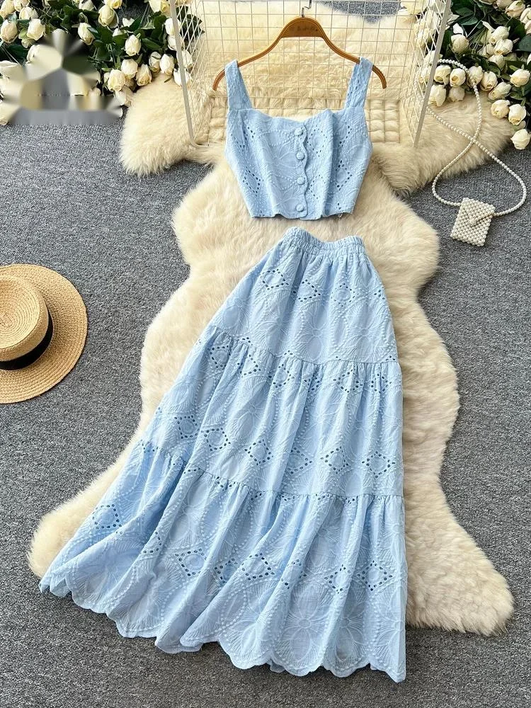 

Linen Cotton Embroidery Suits Ladies Sleeveless Elastic Slim Camis+A-line Skirts Summer Hollow Out Holiday 2Pcs Sets