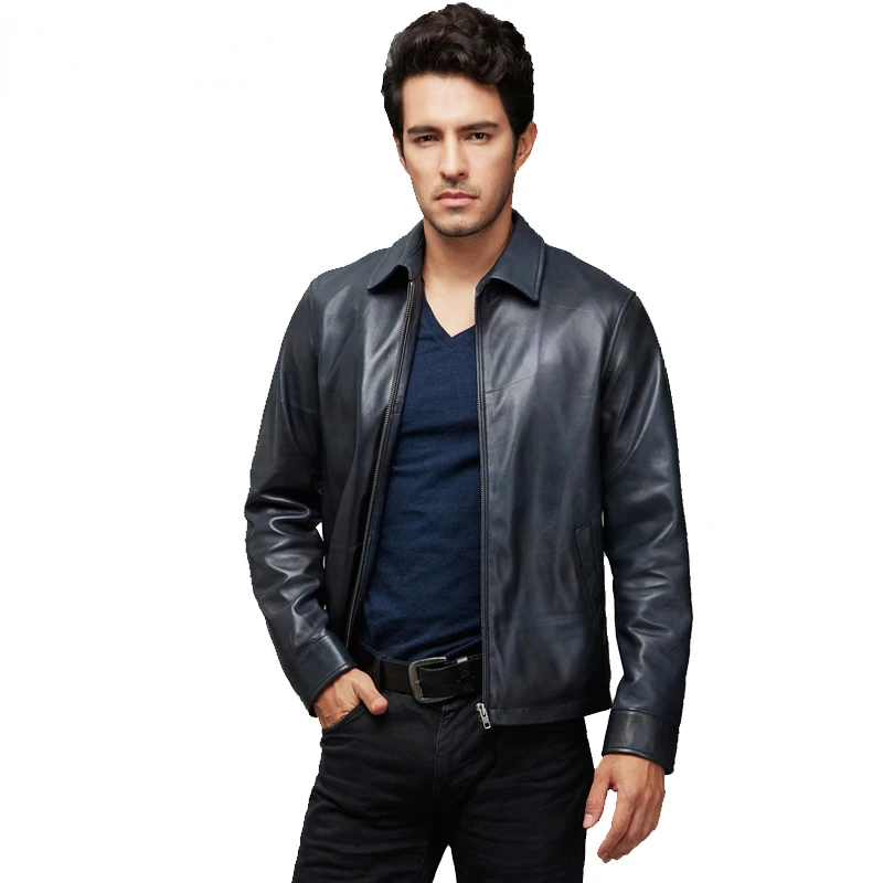 

100% Natural Sheepskin Genuine Leather Jacket Casual Soft Thin Men Leather Jacket Blue Male Coat Spring Autumn M169