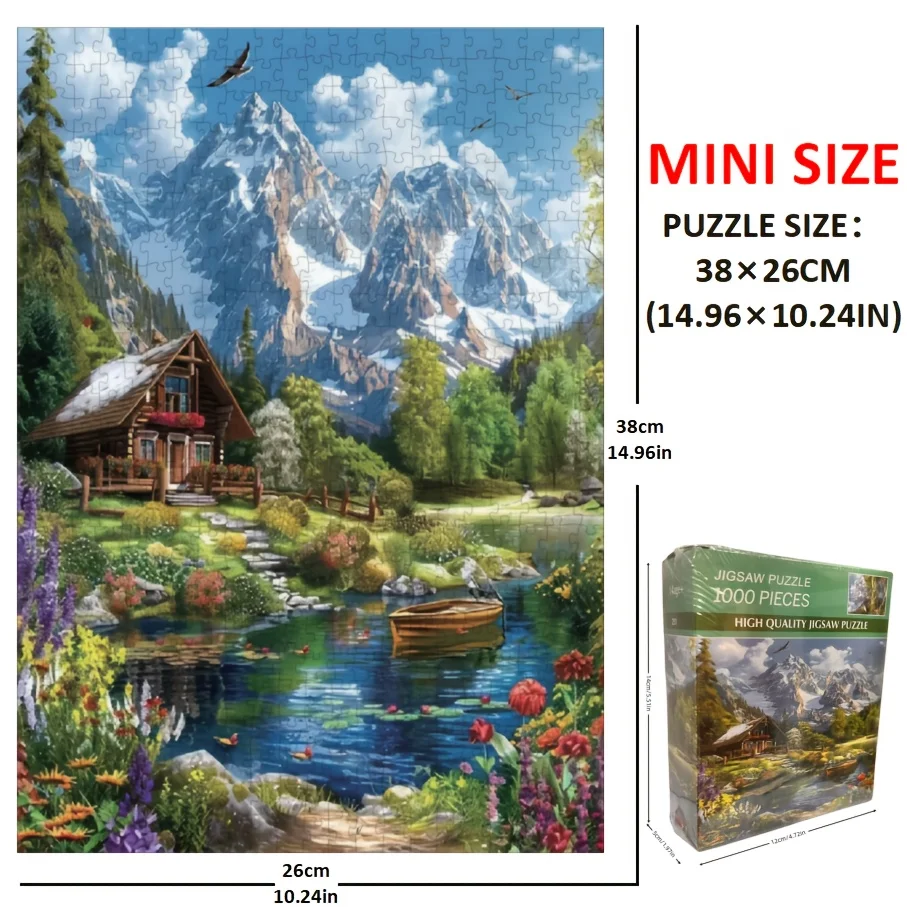 Een mini-puzzel - Villa aan het meer en sneeuwgekapte berglandschap, levendige papieren puzzel voor volwassenen, perfect voor Pasen, 1 april