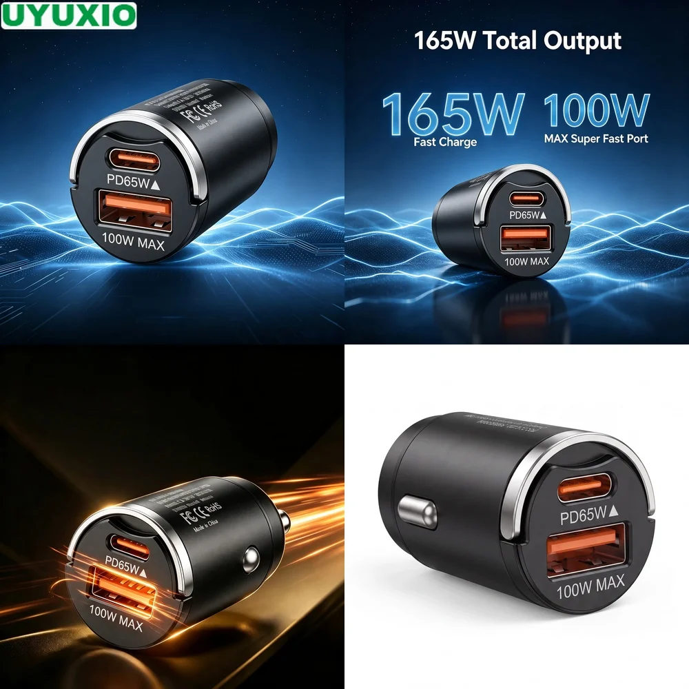 165W Zinc Alloy Car Charger with PD 65W Type C and 100W USB A Ports Ultra Compact Flush Mount Design for Multiple Mobile Devices