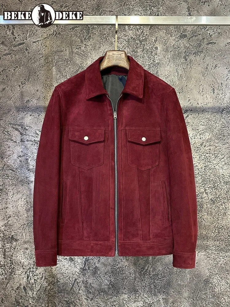 Designer Luxury High Quality Genuine Leather Jacket Male Turndown Collar  Vintage Business Casual Wine Red Suede Sheepskin Coat