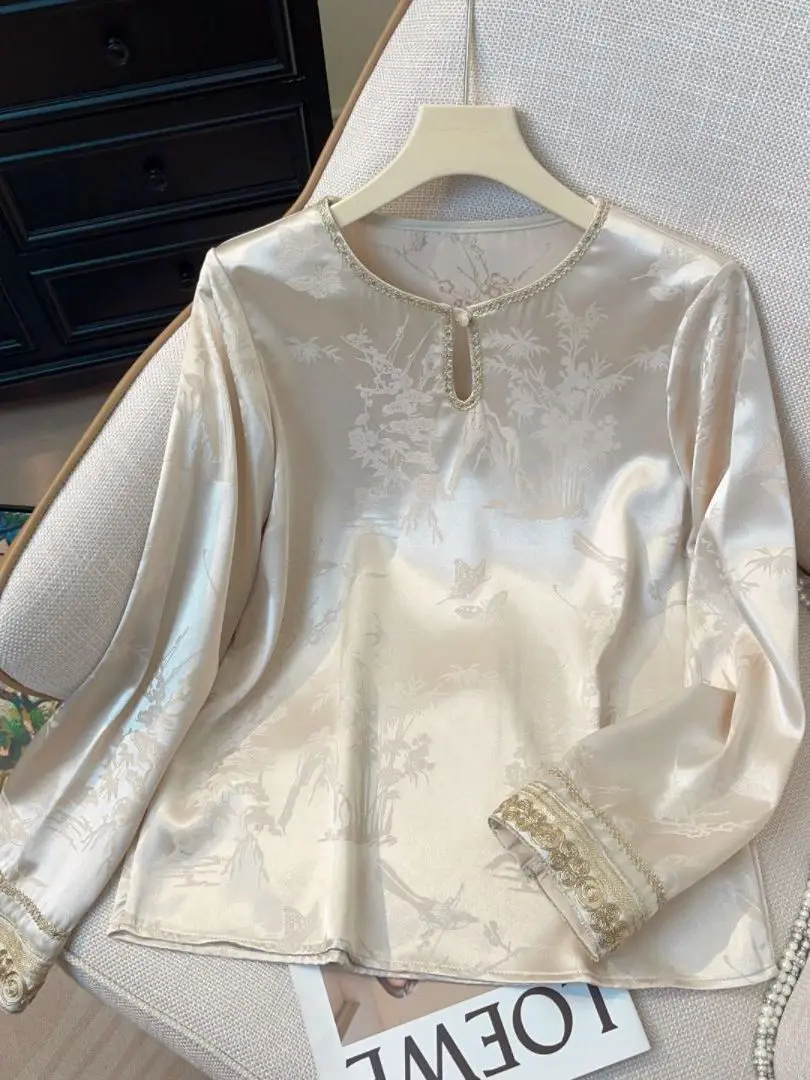 

Elegant Chinese Style Embroidered Silk Shirt Women's Long Sleeve round Neck Top Age-Defying Versatile High-End Feel Cotton Po...