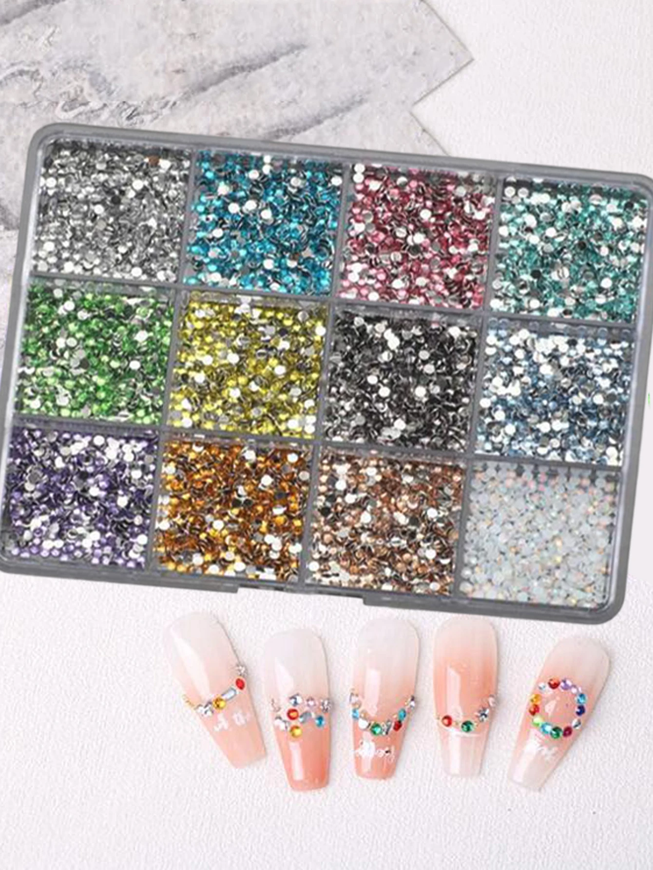 12칸(6000개) 3D 레진 네일 아트 라인스톤+도구 2mm 반짝이는 다이아몬드 네일 참 DIY 의류 휴대폰 케이스 매니큐어 액세서리