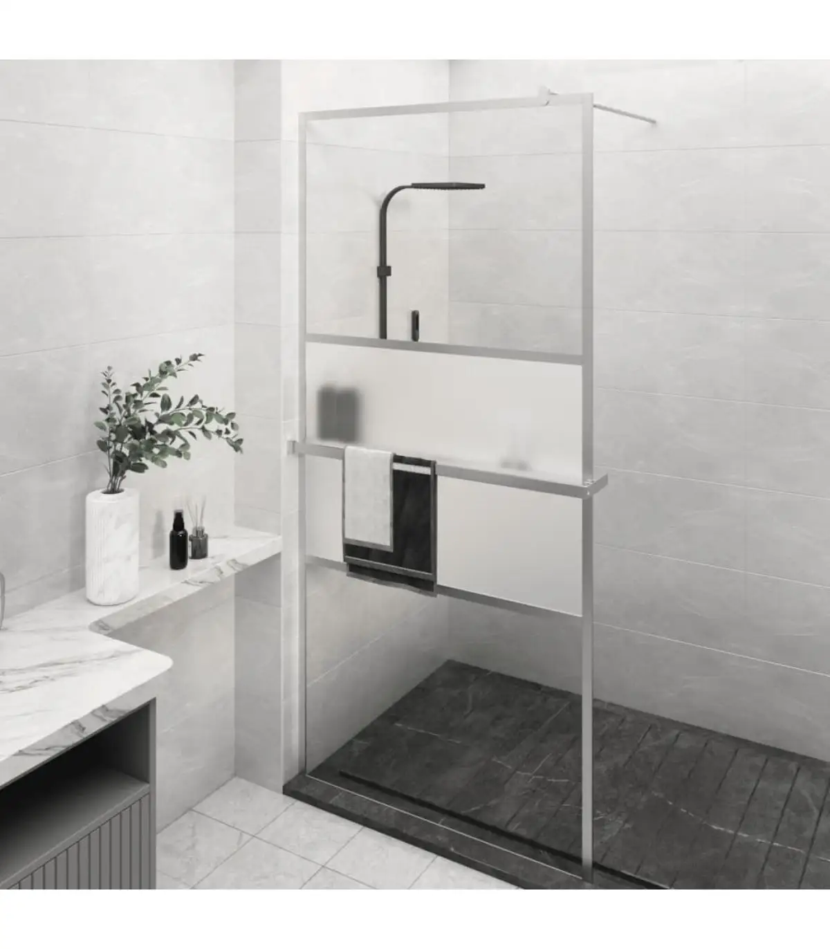 Shower walls and screens with shelf ESG glass and chrome aluminum 100x195cm