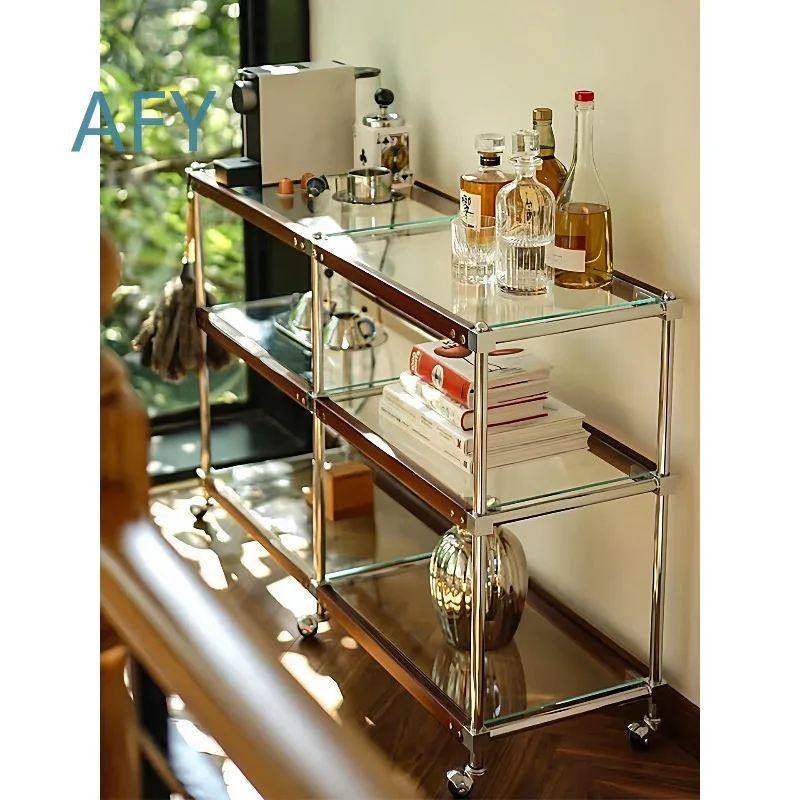 Home Side Cabinet for Living Room Sofa Storage Shelf Medieval Style Multi-Layer Floor Trolley with Stainless Steel Edge