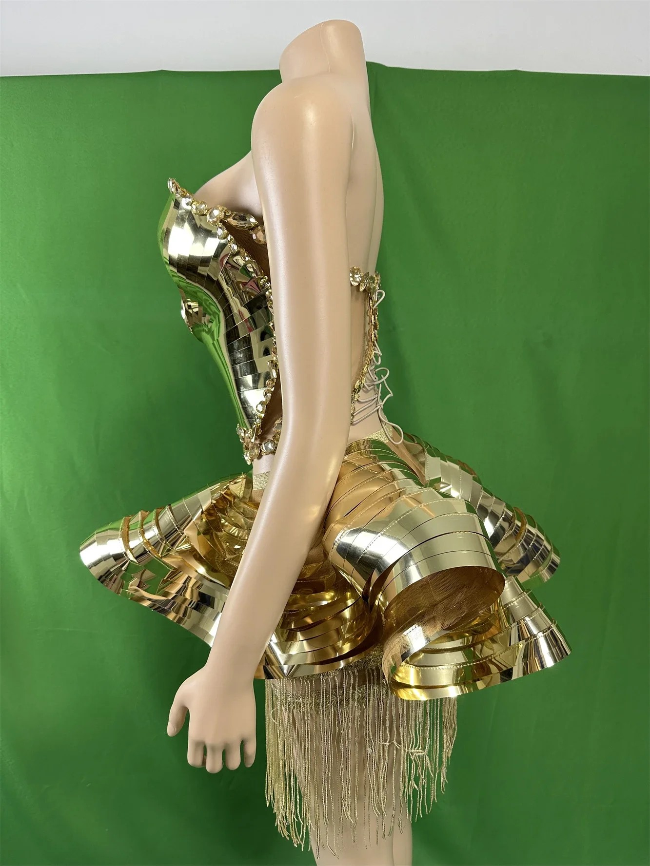 Gold Drama Queen Reflective Shiny Show Stage Performance Suit Top and Tassel Skirt