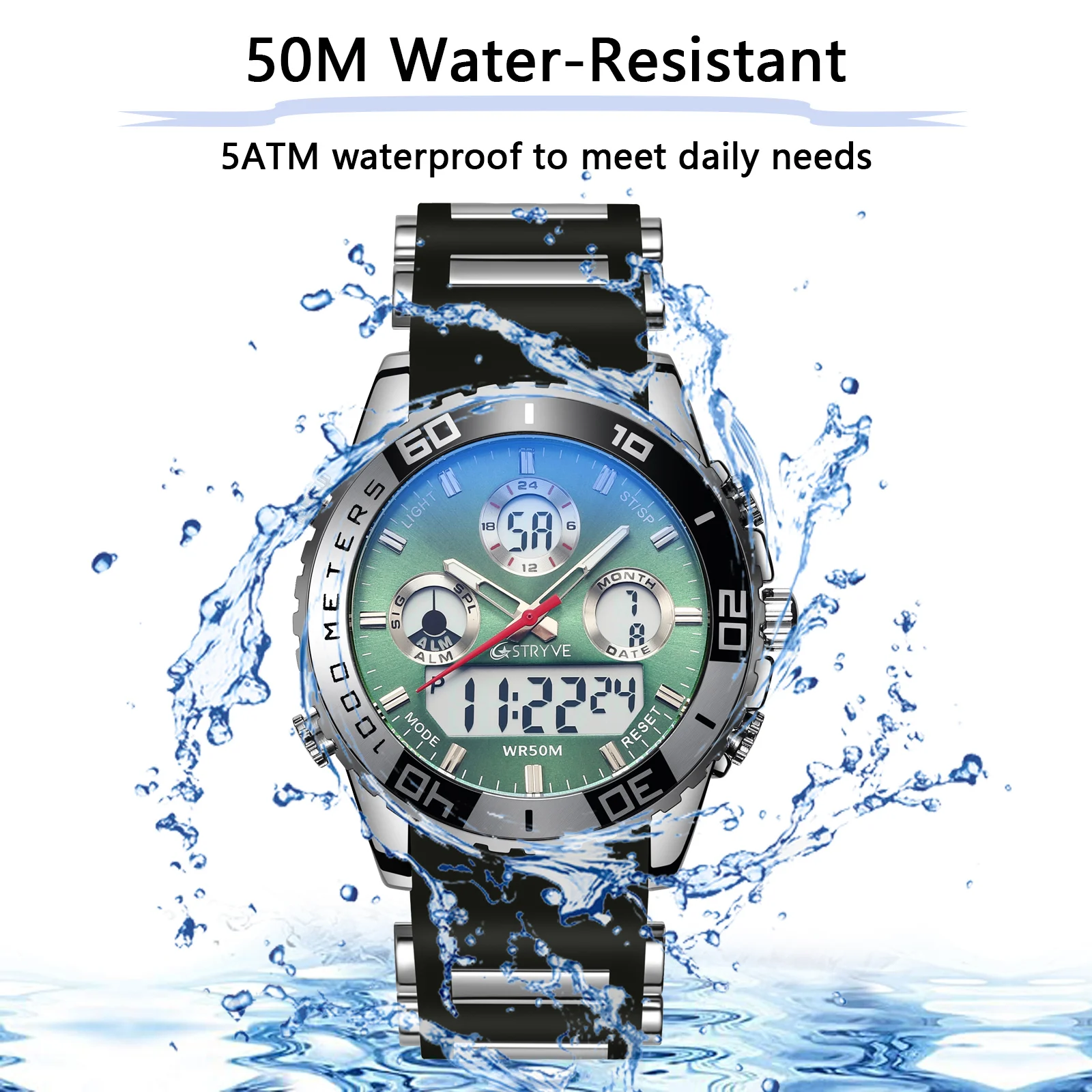 STRYVE 8023 Men's Watch Electronic Quartz Dual Movement Rubber Strap Date Week Luminous 50M Water Resistant Fashion Sports Watch