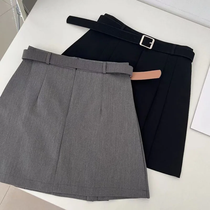 2025, neue Damen-Miniröcke in Schwarz, Grau, koreanische Mode mit Gürtel, Y2K-Faltenrock, Damen, elegant, schlank, Wickelhüfte, kurze Röcke