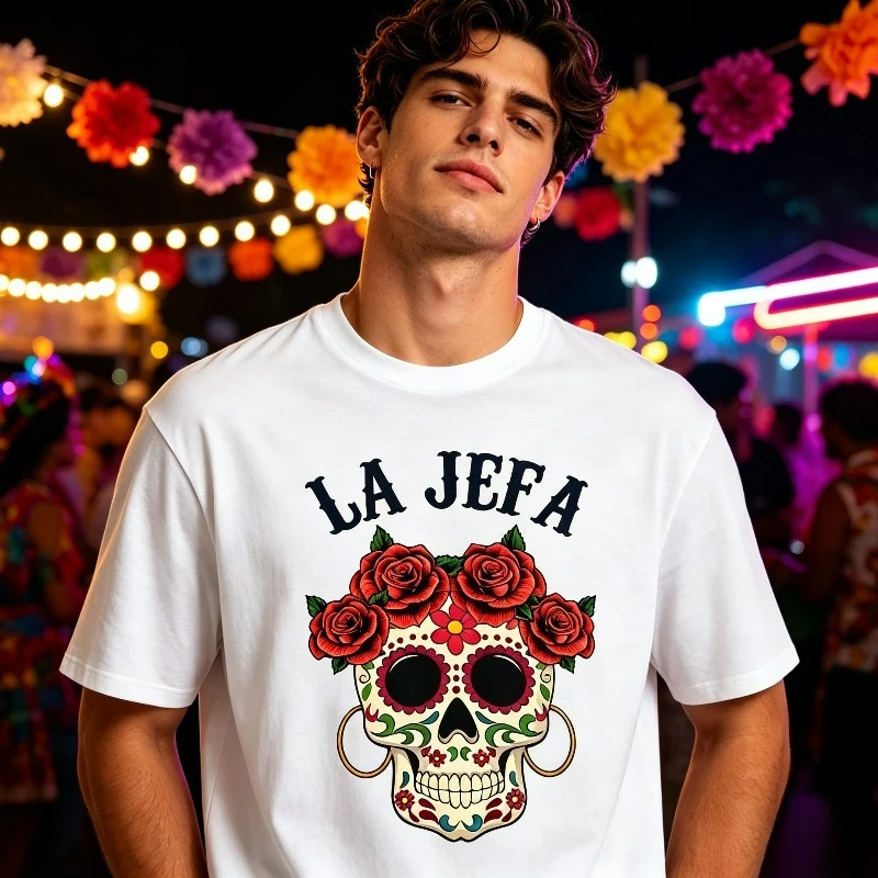 LA JEFA Sugar Skull Rose Graphic T-Shirt Modal Soft Crewneck Latin Fiesta Queen Humor Weekend Hangout Daily Outing Print Tee