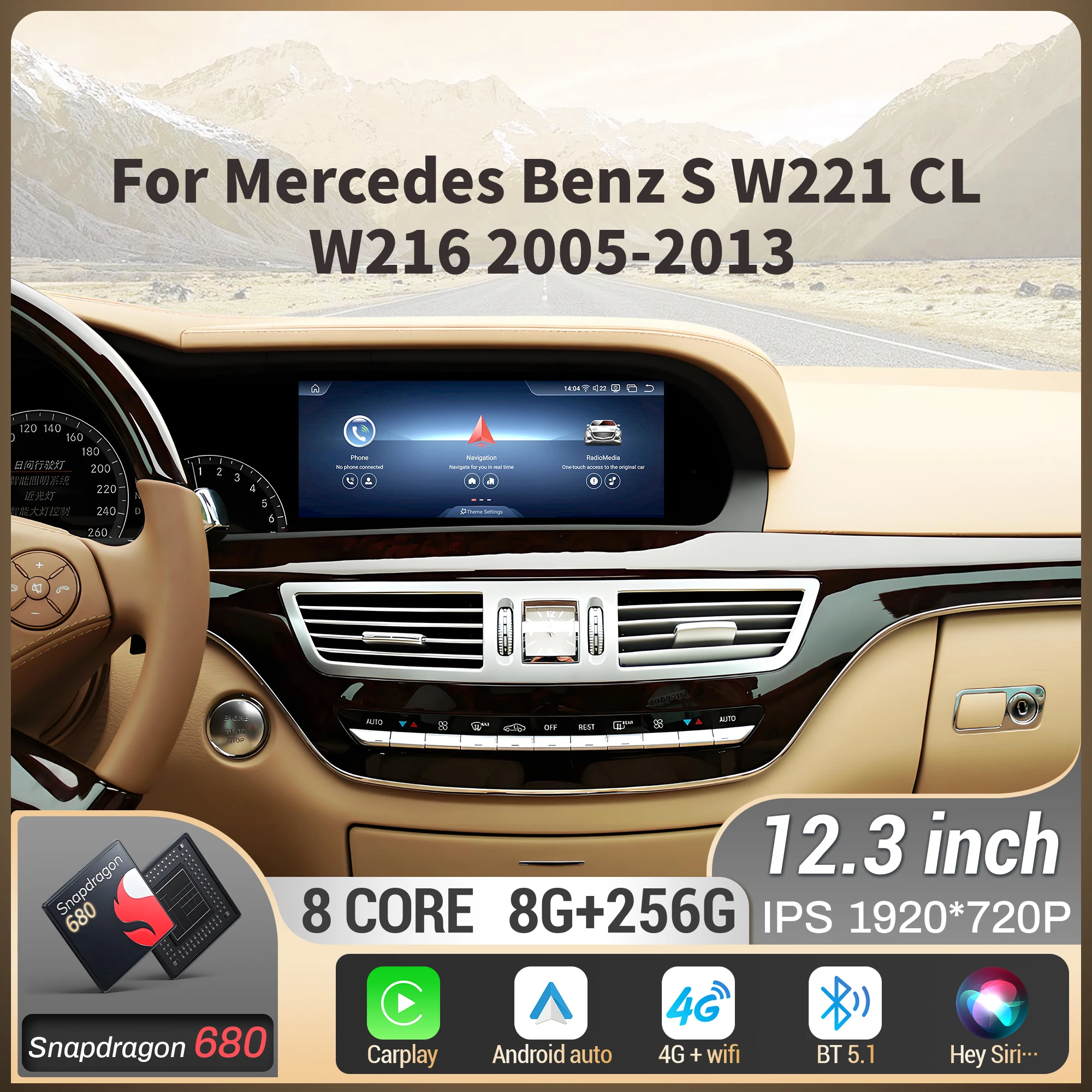12.3“ Left Hand Drive Car Radio For Mercedes Benz S W221 CL W216 2005 2006 2007-2012 2013 Carplay Snapdragon 668S Touch Screen