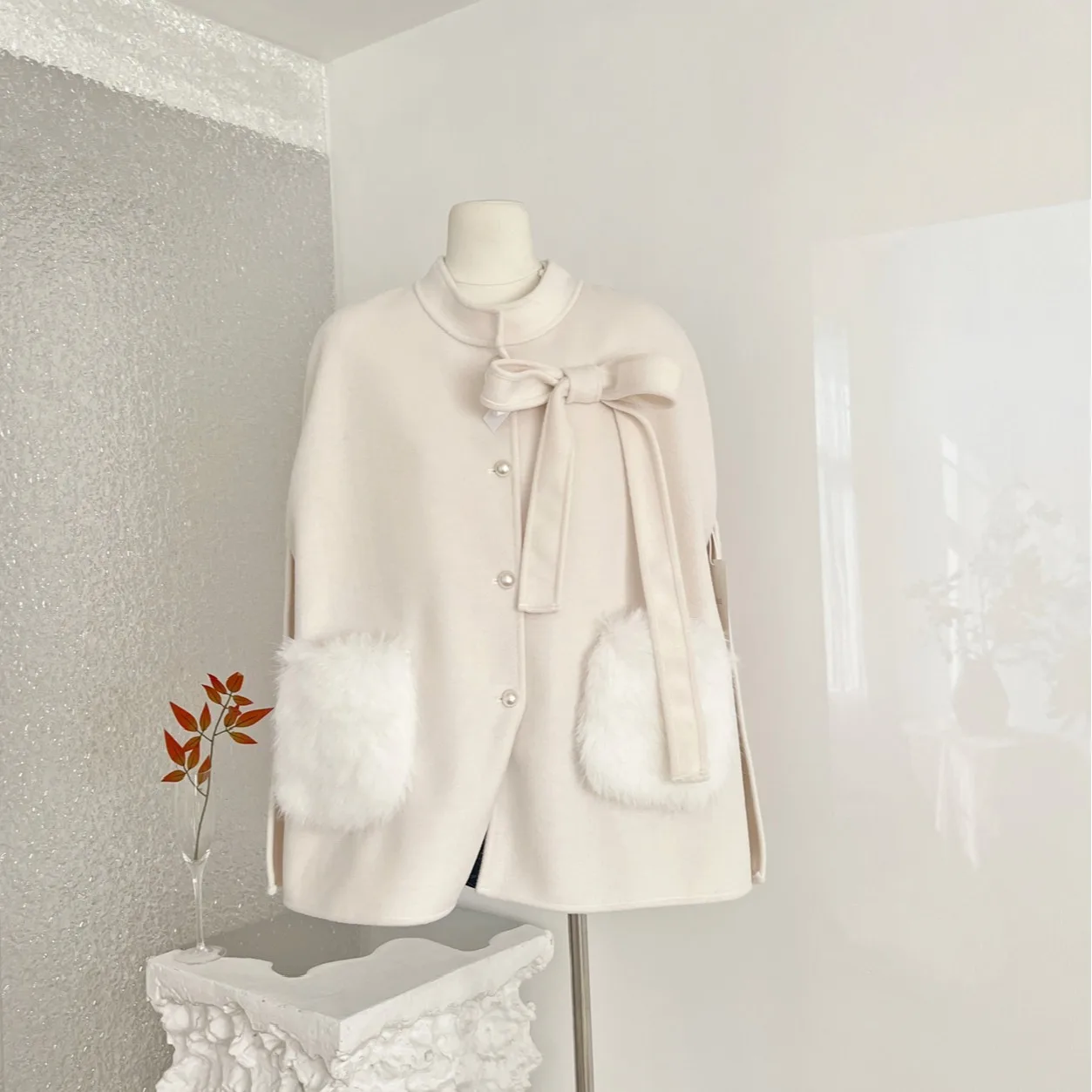 Cappotto di lana legato con nodo dolce per donna con ciambelle in pelliccia Cowl Camere double face Ne Open Sle Capispalla primaverile