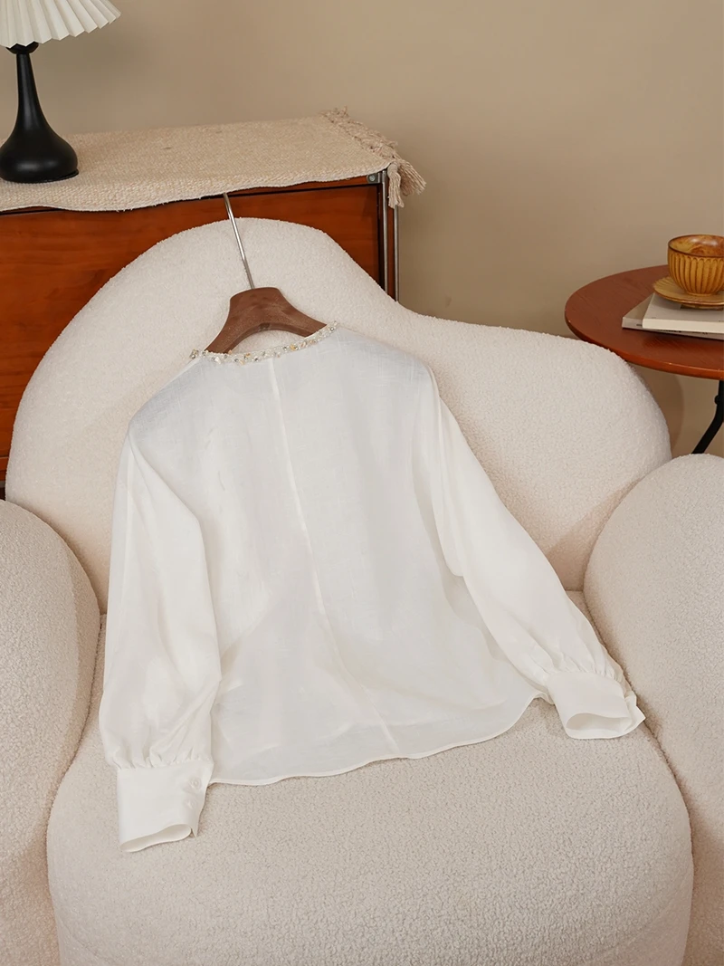 

Ele White Moonlight Hollow out round Ne Bead Embroidery Linen Loose Lazy High nce Feeling Women's irt