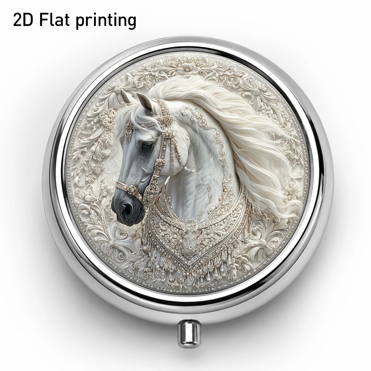 Single-piece packaging, flat print, round metal box with white horse relief pattern, three-compartment design, space-saving size, can store pills, vitamins, jewelry, and small items, convenient for home and travel, practical for daily use, flat design