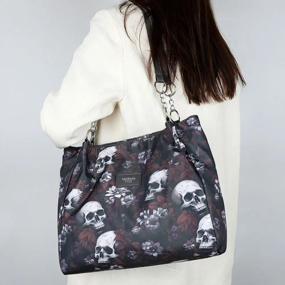 Bolso de mano de gran capacidad con estampado de esqueleto, bolsa de compras de moda, bolso de estilo gótico, bolso de mano multifuncional de tela Oxford para Halloween