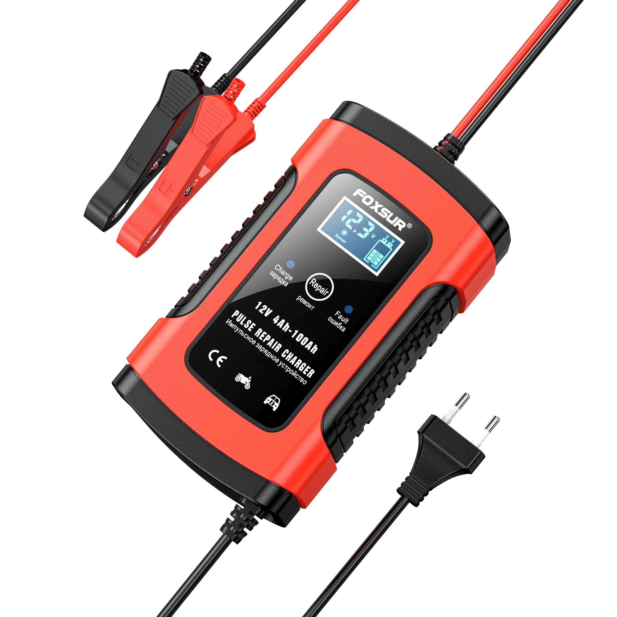 FOXSUR 5A Car Motorcycle UPS Battery Charger 12V Volt Display Status Repair Fully Intelligent Multi-Repair LCD Battery Charger
