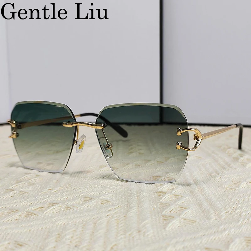 Oversized Square Rimless Sunglasses Women Men 2024 Luxury Brand Vintage Metal Frame Frameless Sun Glasses For Male Eyewear Shade