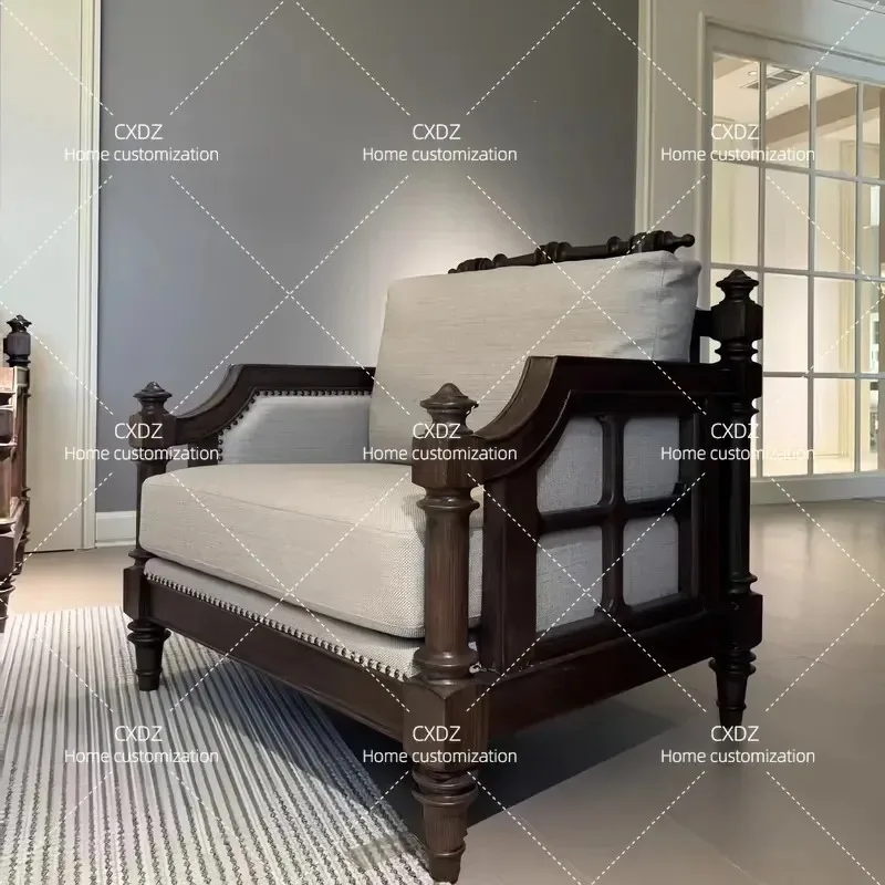American retro walnut solid wood sofa combination French carved fabric sofa living room small apartment meeting coffee table