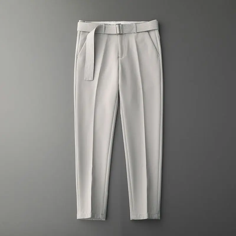 2024 Spring and Summer Ultra Thin High Waist Lace Up Casual Business Light Mature Ice Silk Draping Nine Point Suit Pants for Men