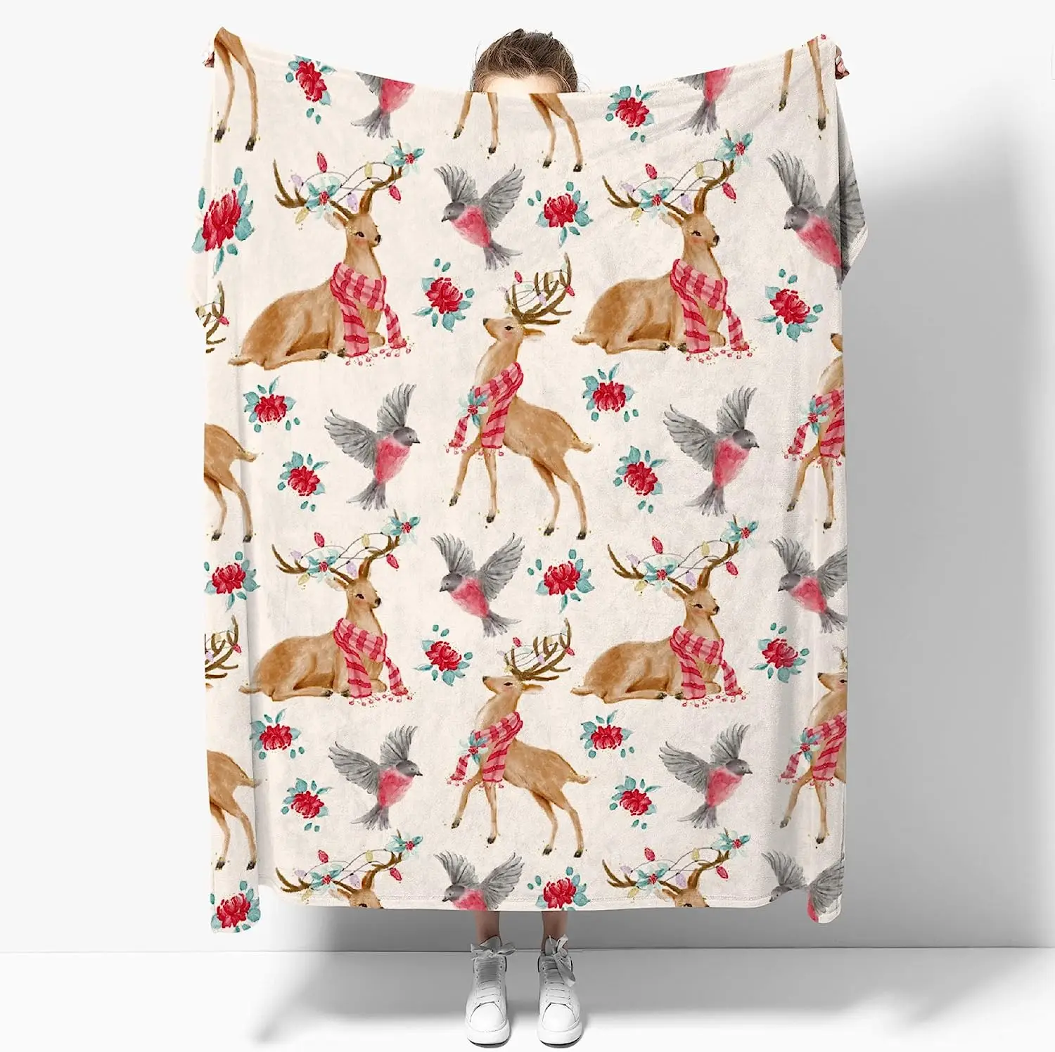 Elk Christmas Bird Red Berry Blanket Print Soft Lightweight Warm Cozy Plush for Bedroom Bedding Couch Novelty Gift