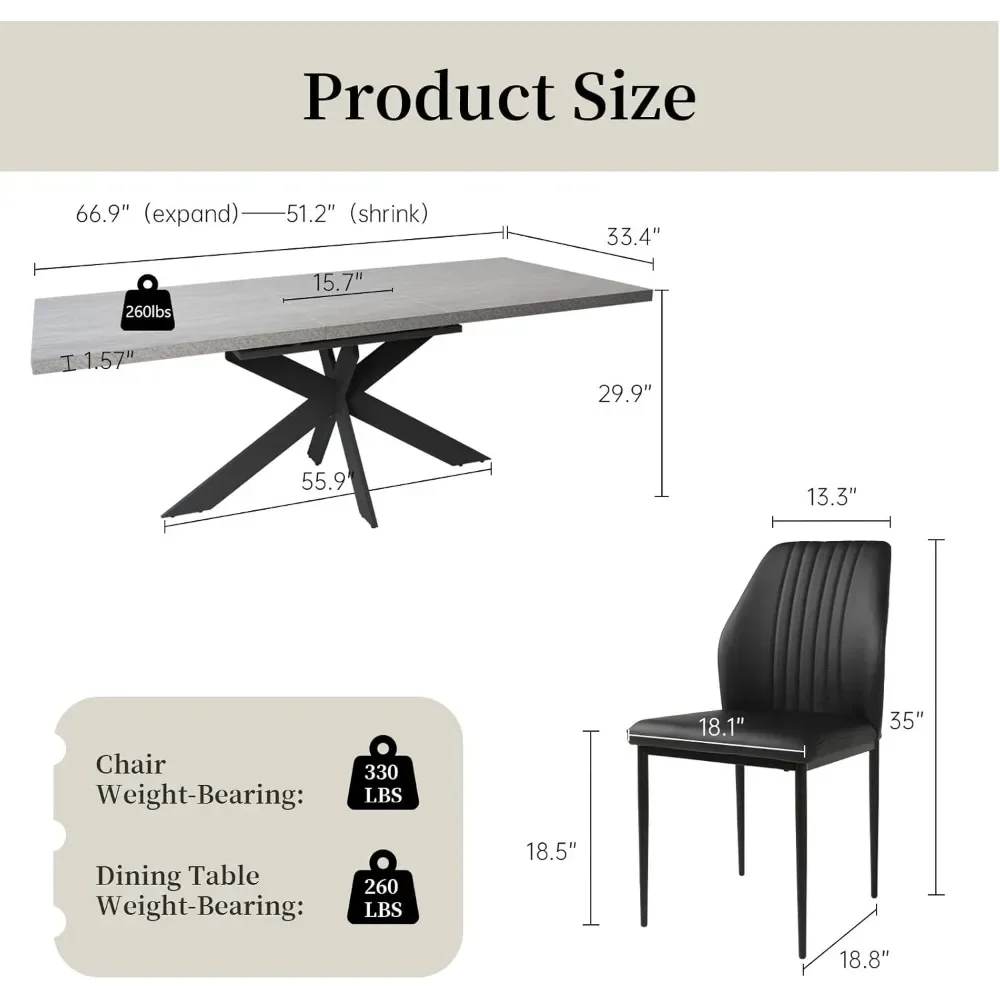 Dining Table Set of 6-8 People, Rectangular Space-Saving Expandable Tables, Metal Frame Wood Dining Table & 6 Upholstered Chairs