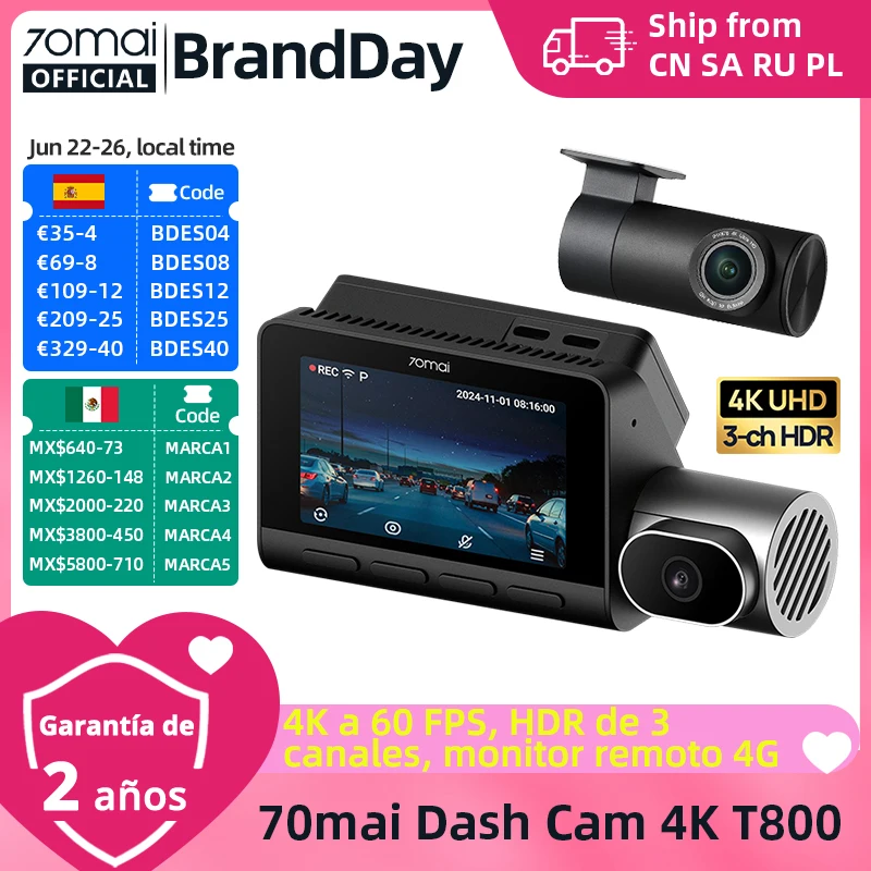 70mai T800 3 canales HDR coche DVR delantero 4K + trasero 4K/1080P + Interior 1080P Control de voz supercondensador GPS ADAS soporte 4G Wifi 6