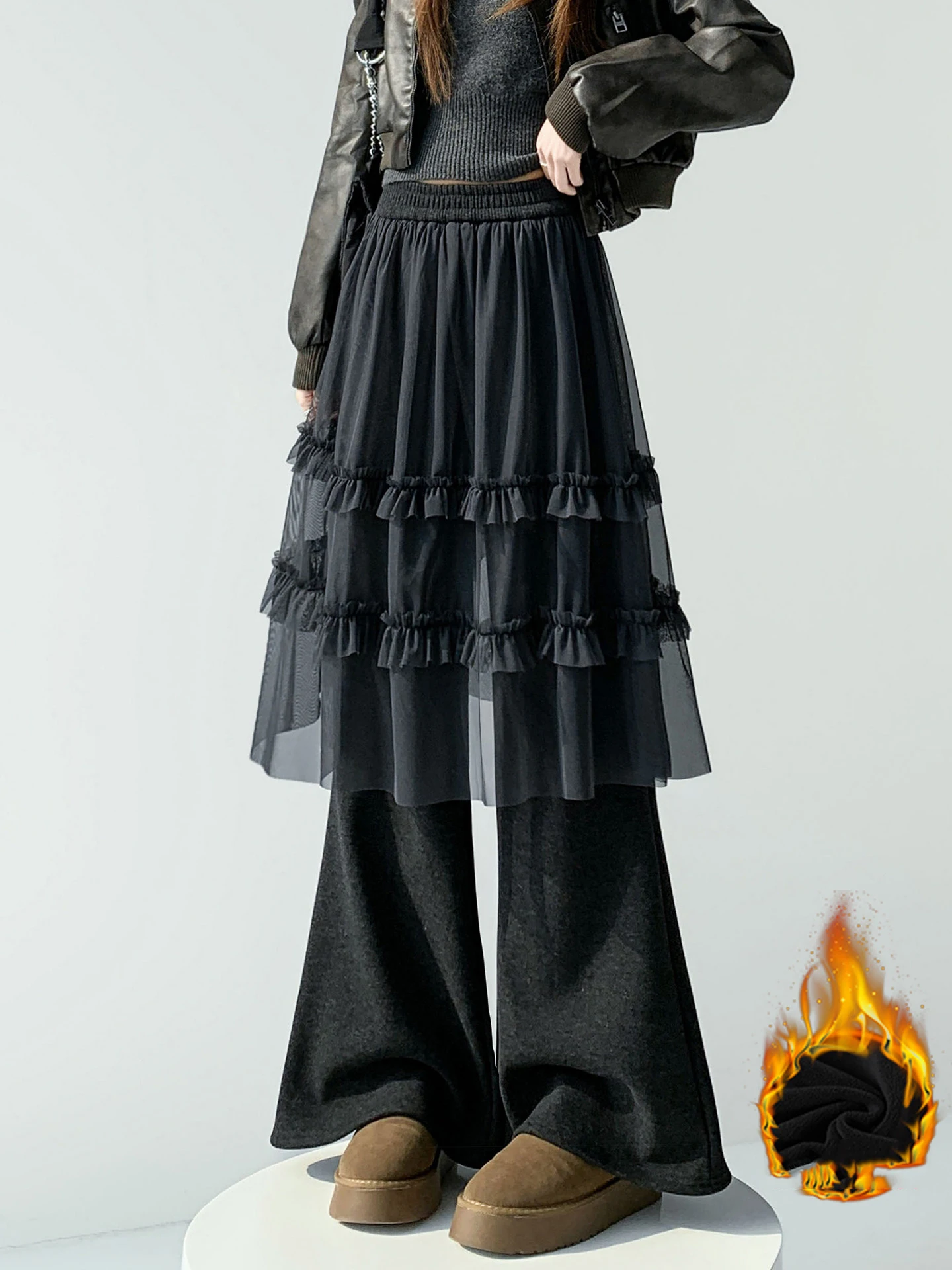 

Кружевные сетчатые лоскутные брюки с занавесками, корейские свободные модные женские брюки, плюшевые брюки, расклешенные брюки для мытья полов