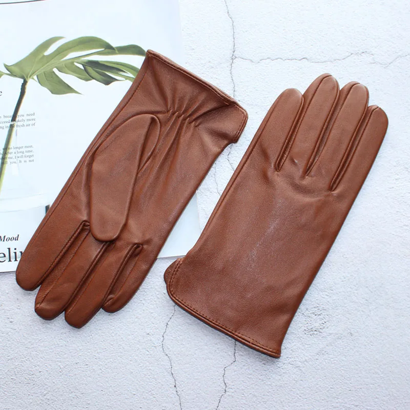 Guantes de conducción de piel de oveja para hombre, Color sólido, cuero único fino, sin forro, pantalla táctil, moda, ondulación, montar en motocicleta