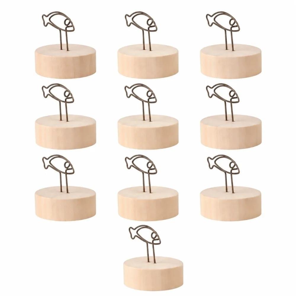 10PCS Wood Round Wood Clip Metal Clip Round Fish Shape Desktop Note Holder Antique Tone Solid Base Vintage Card Clip Home Table